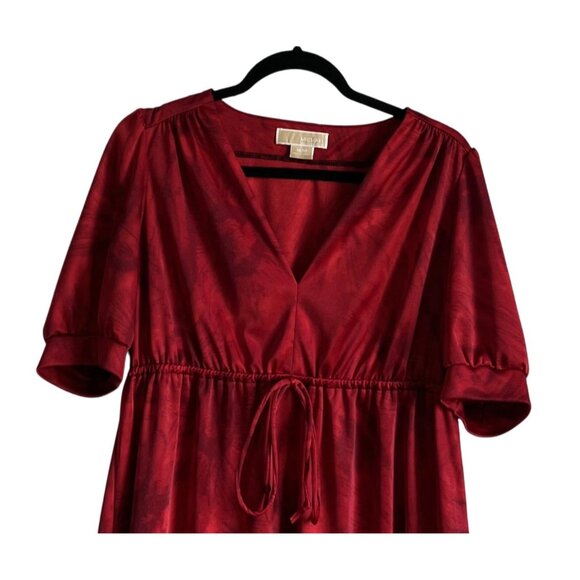 Michael Kors Womens Red Tie-Waist Baby Doll Top Floral M Short Sleeve Christmas - Picture 2 of 6